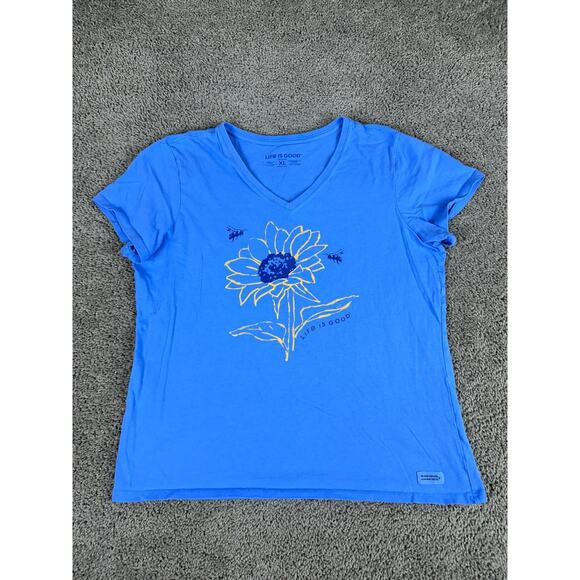 Life Is Good Shirt Womens XL Blue Yellow Sunflower Bumble Bee V Neck Crusher Tee - Picture 1 of 9